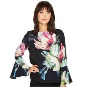 Karen Kane Black Blouse with Bold Floral Design